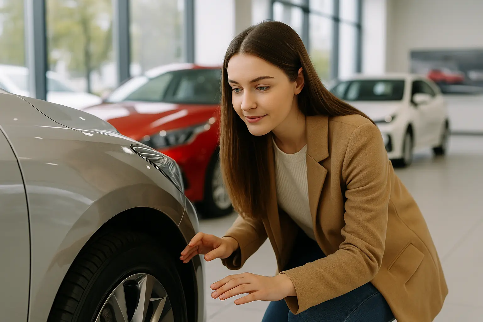 first-time-car-buyer-checking-tyres-showroom-2025