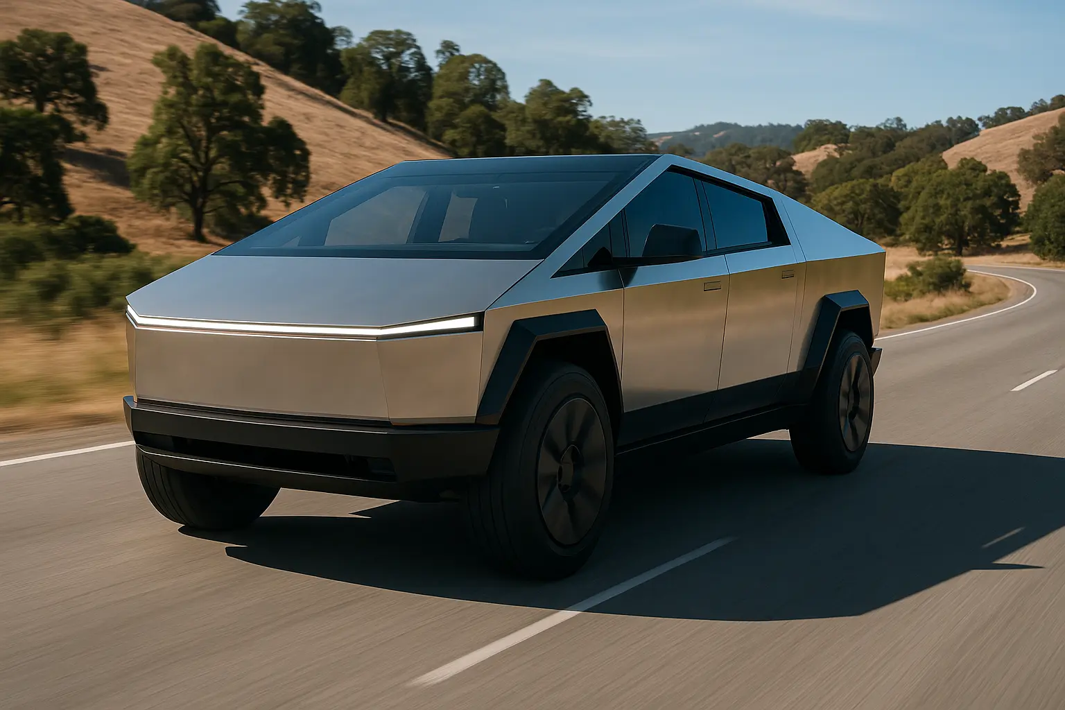 Futuristic Tesla Cybertruck Driving Through Scenic Countryside Road