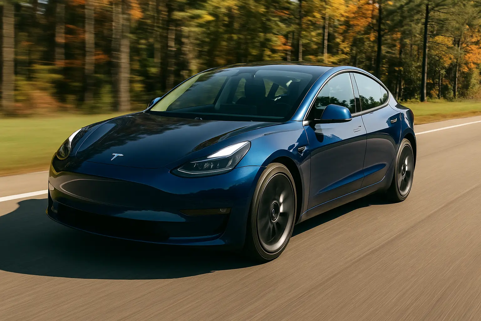 Tesla Model 3 Driving Through Autumn Forest – Clean EV in Motion