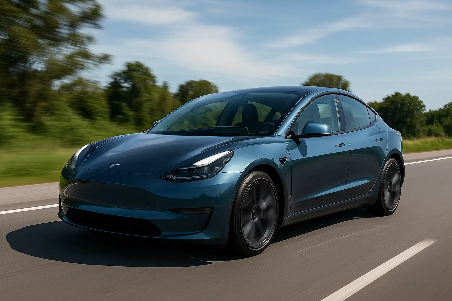 Tesla Model 3 Highland 2025 on Open Road – Sleek and Silent