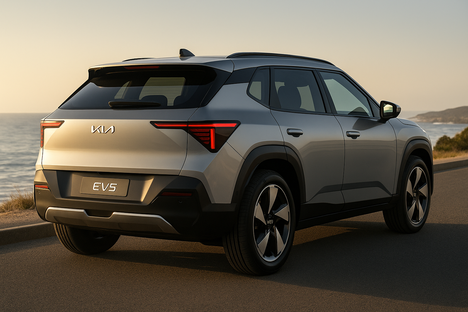2025-kia-ev5-electric-suv-rear-view-coastal-road