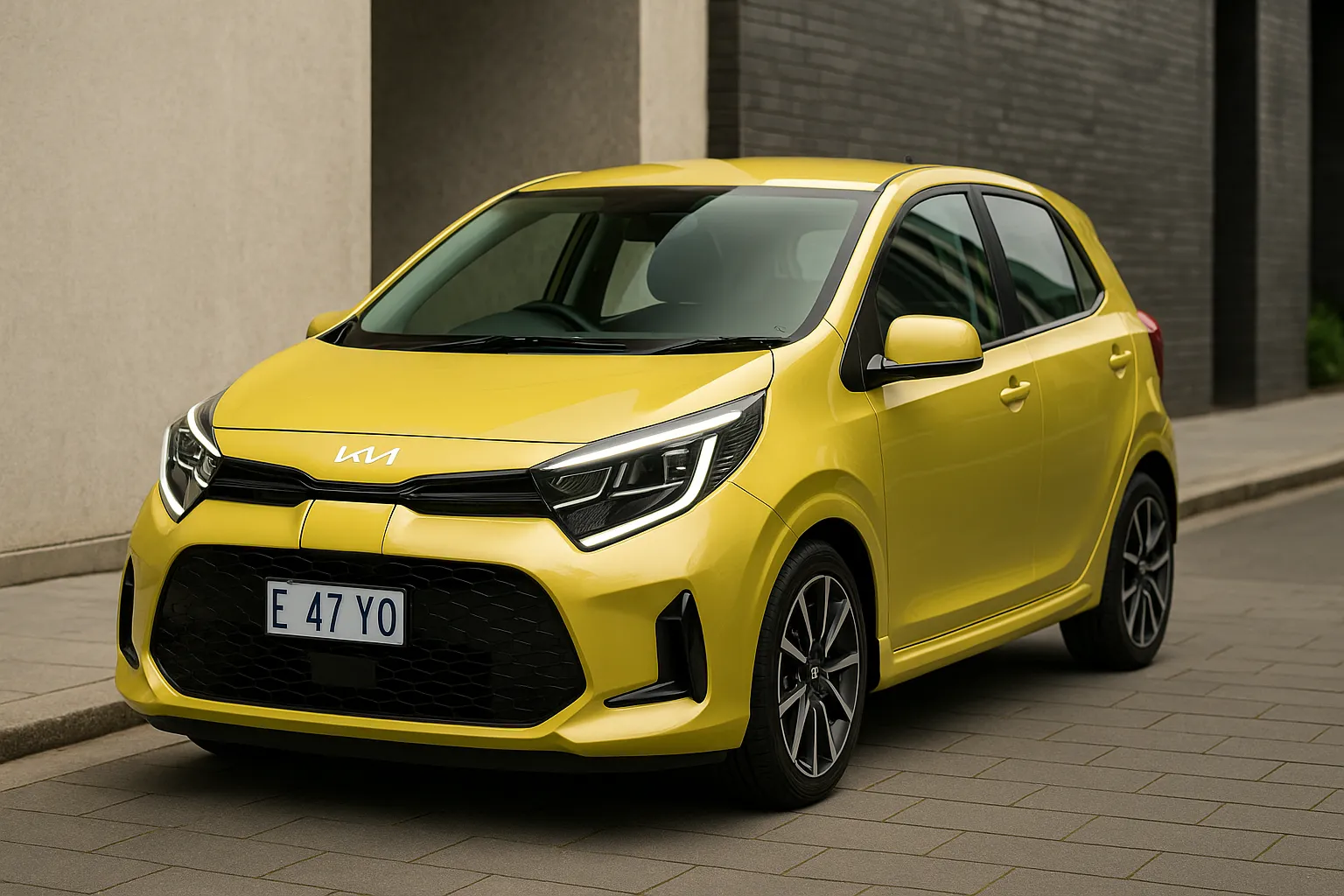 2025-kia-picanto-gt-line-yellow-front-view-city-street