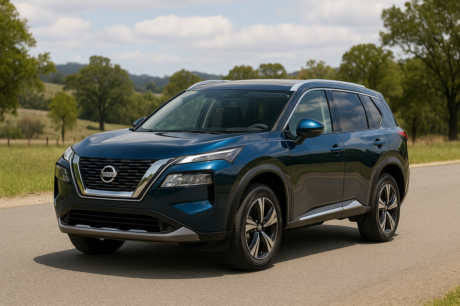 2025-nissan-xtrail-metallic-blue-front-side-view