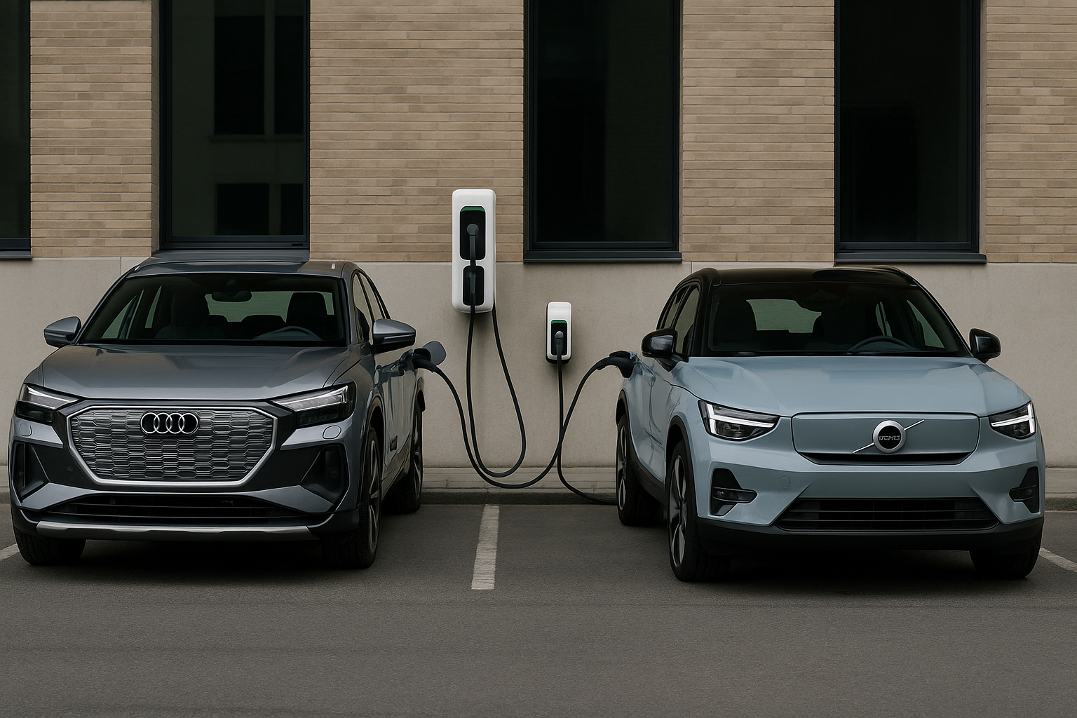 audi-q4-etron-volvo-ex30-electric-suvs-charging-side-by-side