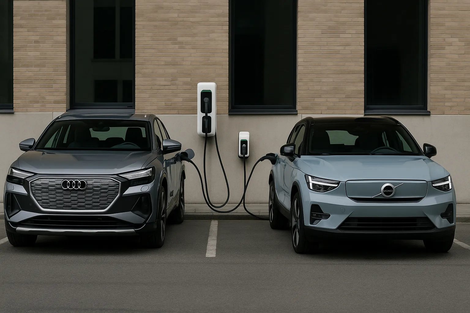 audi-q4-etron-volvo-ex30-electric-suvs-charging-side-by-side