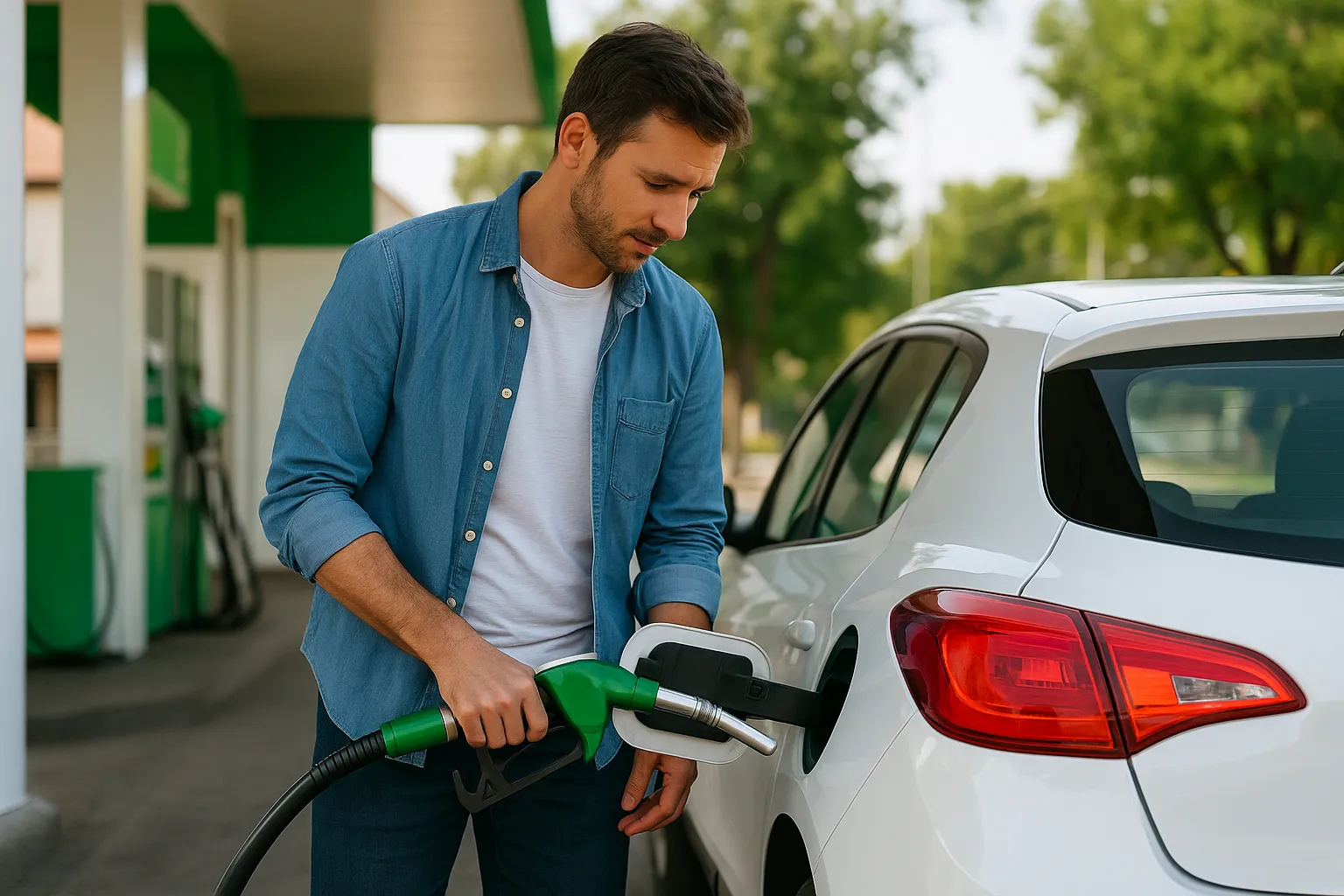 aussie-driver-refueling-white-hatchback-petrol-efficiency-2025